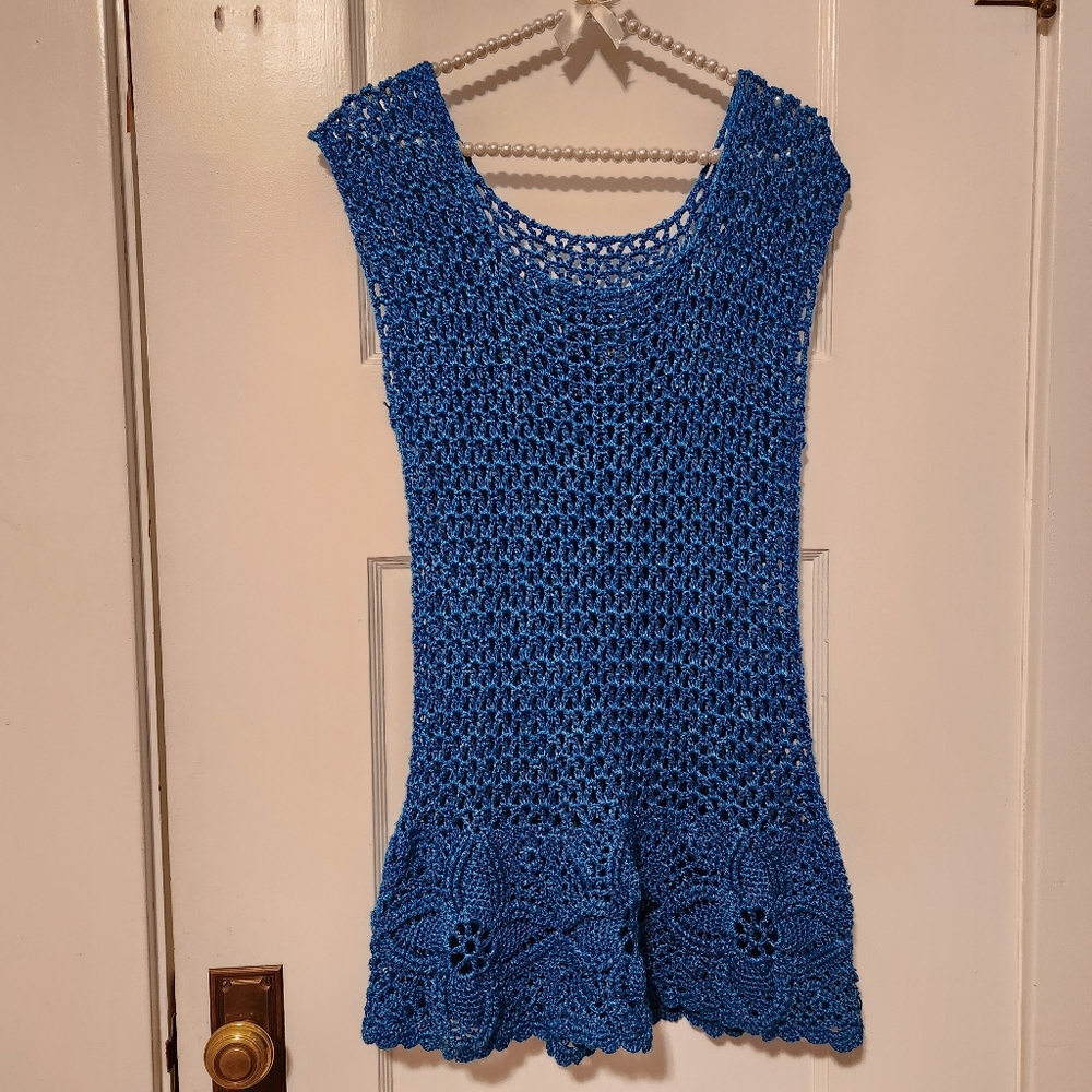 Handmade Crocheted Cerulean Blue Cover-up or Summer Dress
